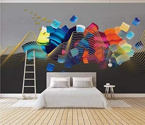 XLMING Einfacher Goldener Umriss Bunte Vögel Abstrakte Landschaft Küche Esszimmer Arbeitszimmer Wohnzimmer TV Hintergrund Wand 3D Tapete-250cm×170cm