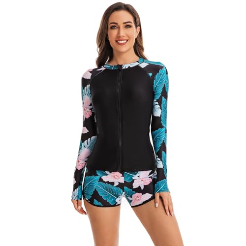 ohodhmnu Tankini-Badeanzug für Damen, Blumenmuster, zweiteilig, Bauchkontrolle, Bademode mit Shorts, Reißverschluss vorne, Tankini-Badeanzug