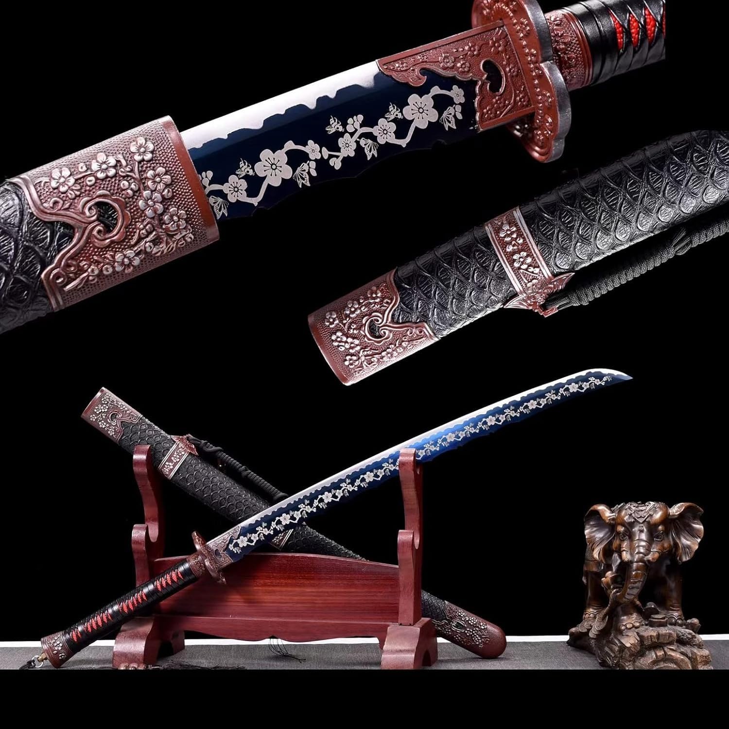 MAUXpIAO 88 cm Dark Dragon Soul Katana, Hülle aus massivem Holz mit Lederumwicklung und Klinge aus Manganstahl, handgefertigtes Samurai-Schwert für Kendo, Laido, Cosplay, Display, Dekor, Sammeln, Brau