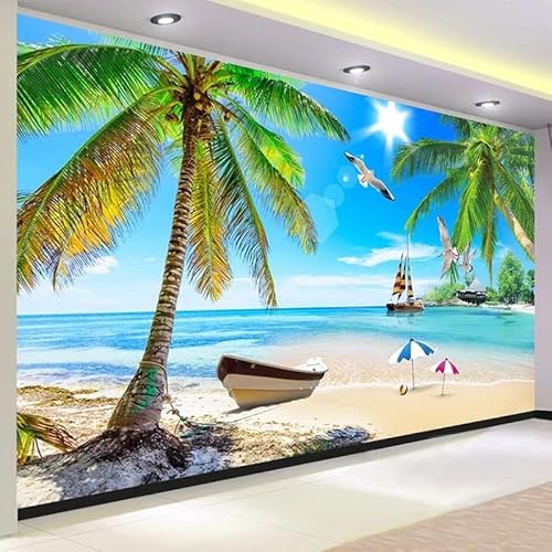 XLMING Mittelmeerblick Segelboot Coconut Tree Beach Küche Esszimmer Arbeitszimmer Wohnzimmer TV Hintergrund Wand 3D Tapete-430cm×300cm