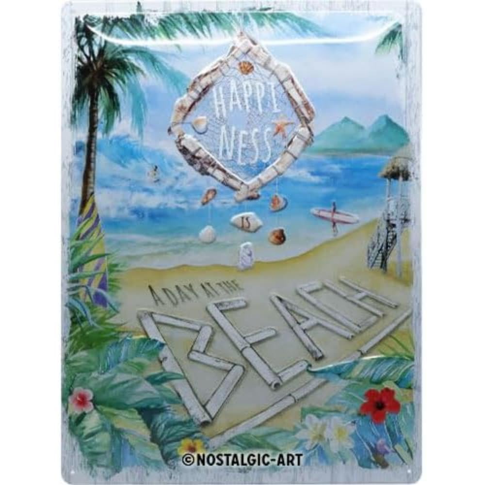 Nostalgic-Art Retro Blechschild, 30 x 40 cm, Happiness is a day at the beach – Geschenk-Idee für Camping-Fans, aus Metall, Vintage Design mit Spruch