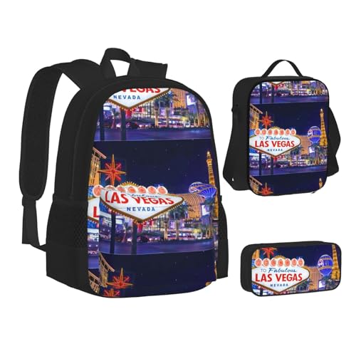 WURTON Las Vegas Night City Rucksack, Lunchbox-Set, 3-in-1 Büchertasche und Federmäppchen, passende Kombination, Schwarz, Einheitsgröße