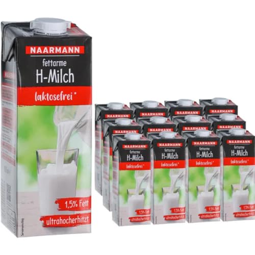 Naarmann Milch laktosefreie H-Milch 1,5% Fett Haltbare Milch, je 1 Liter, 12 Stück + pufai