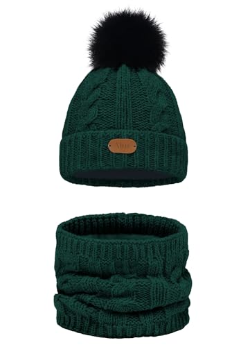 Alur Mütze Kinder Unisex Beanie mit Loop Schal Set Wintermütze Strickmütze mit Bommel - Warme Elastisch Elegant Winter Mütze Schal EKO Bommelmütze - Weiches Garn Stilvoll Warm (Flaschengrün)