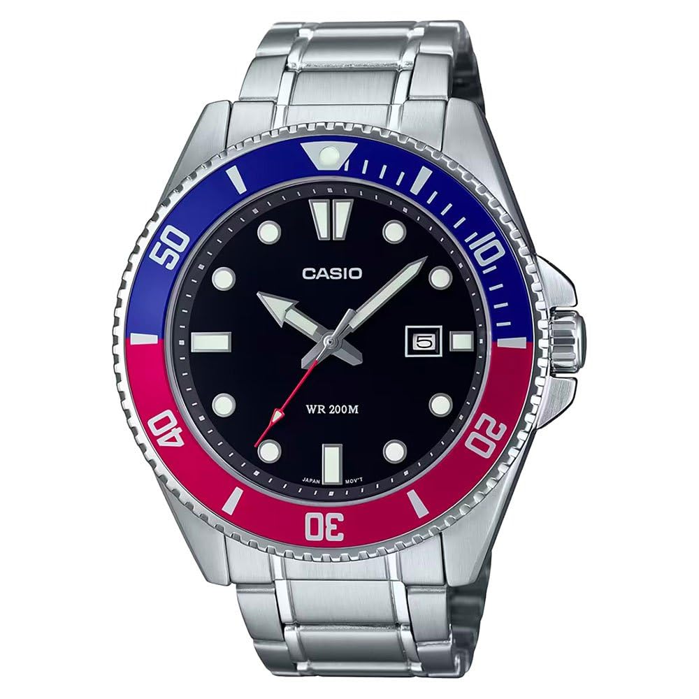 Casio MDV107D-1A3V Herren-Tauchuhr, Edelstahl, 200 m, rot/blaue Lünette, schwarzes Zifferblatt, 3-Zeiger-Anlog