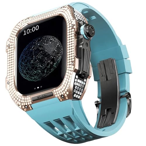 TONECY Edles Titangehäuse und Gummiband, kompatibel mit Apple Watch 45 mm, Lünette aus Titanlegierung und Fluorkautschuk-Band für iWatch Serie 8, 7, 45 mm Umbauset (Farbe: Blau 9, Größe: 45 mm)