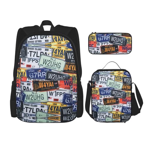 WURTON Schulrucksack mit Nummernschild-Druck, 3-in-1-Büchertaschen-Set mit Lunchbox, Federmäppchen, Reise-Laptop-Tagesrucksäcke