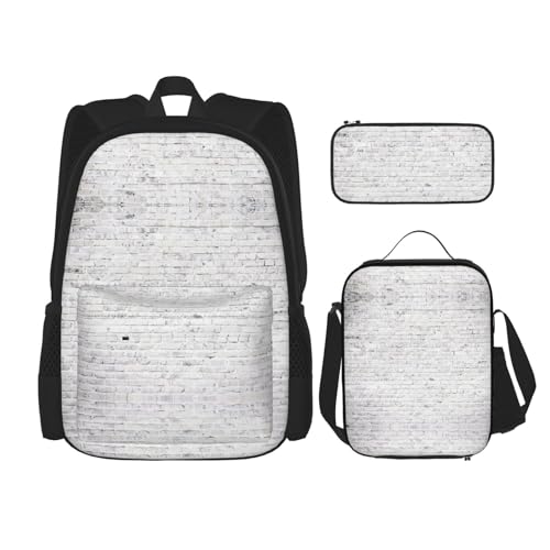 WURTON Rucksack mit Ziegelmauer-Druck, 3-in-1, Büchertaschen-Set, Lunchbox, Federmäppchen, Reise-Laptop-Tagesrucksäcke, Schwarz, Einheitsgröße