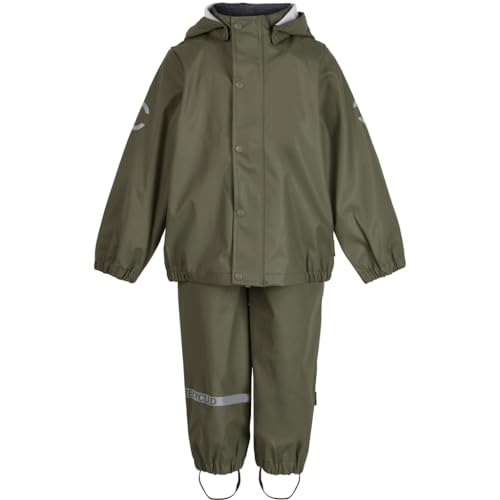 Mikk-line PU Zweiteiliger Regenset mit Trägern 116 Dusty Olive | Oeko-TEX Standard 100 | 100% recyceltem PU-Material | Für Jungen Und Mädchen | Regenhose und Regenjacke | Reflektierenden Details