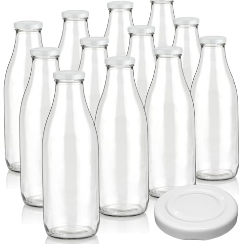 12 Milchflaschen 1000ml mit 4 Deckel BPA frei Saftflaschen Glasflaschen 1L auch erhältlich mit 2/4/6/9/15 Flaschen Smoothie Weithalsflaschen Milchflasche leer zum Befüllen Trinkflasche Schraubdeckel