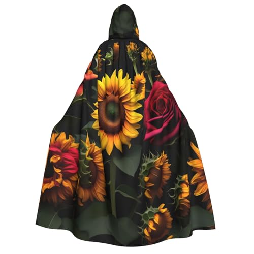 WURTON Kapuzenumhang mit Sonnenblumen-Rosen-Druck, für Damen und Herren, Halloween, Karneval, Cosplay, Mottopartys, Dekoration