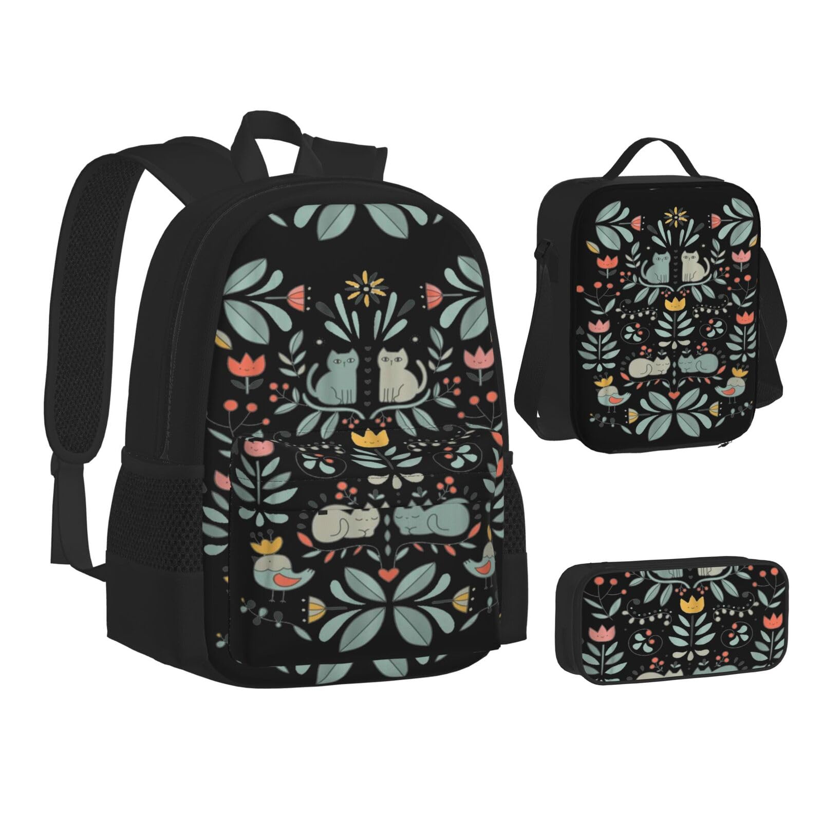 WURTON Lustiges Katzen- und Vogel- und Blumendruck-Rucksack, Lunchbox-Set, 3-in-1-Büchertasche und Federmäppchen, passende Kombination, Schwarz, Einheitsgröße