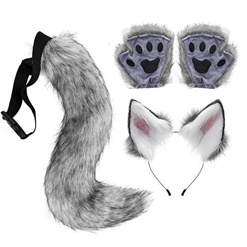 Handschuhe-Schwanz-Set, 280 G Tragbare Wolf-Fuchs-Pelzohren, Einfach Zu Tragendes Kostüm, Flauschiger Fuchsschwanz, Wolf-Kostüm-Verkleidung Für Pelzige Fuchs-Accessoires, Erwachsene, Frauen Und Ausgef