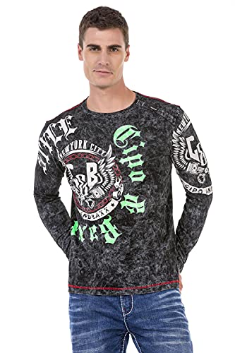 Cipo & Baxx Herren Longshirt Longsleeve Print Rundhalsausschnitt Shirt Langarm Sweater CL476 Schwarz M