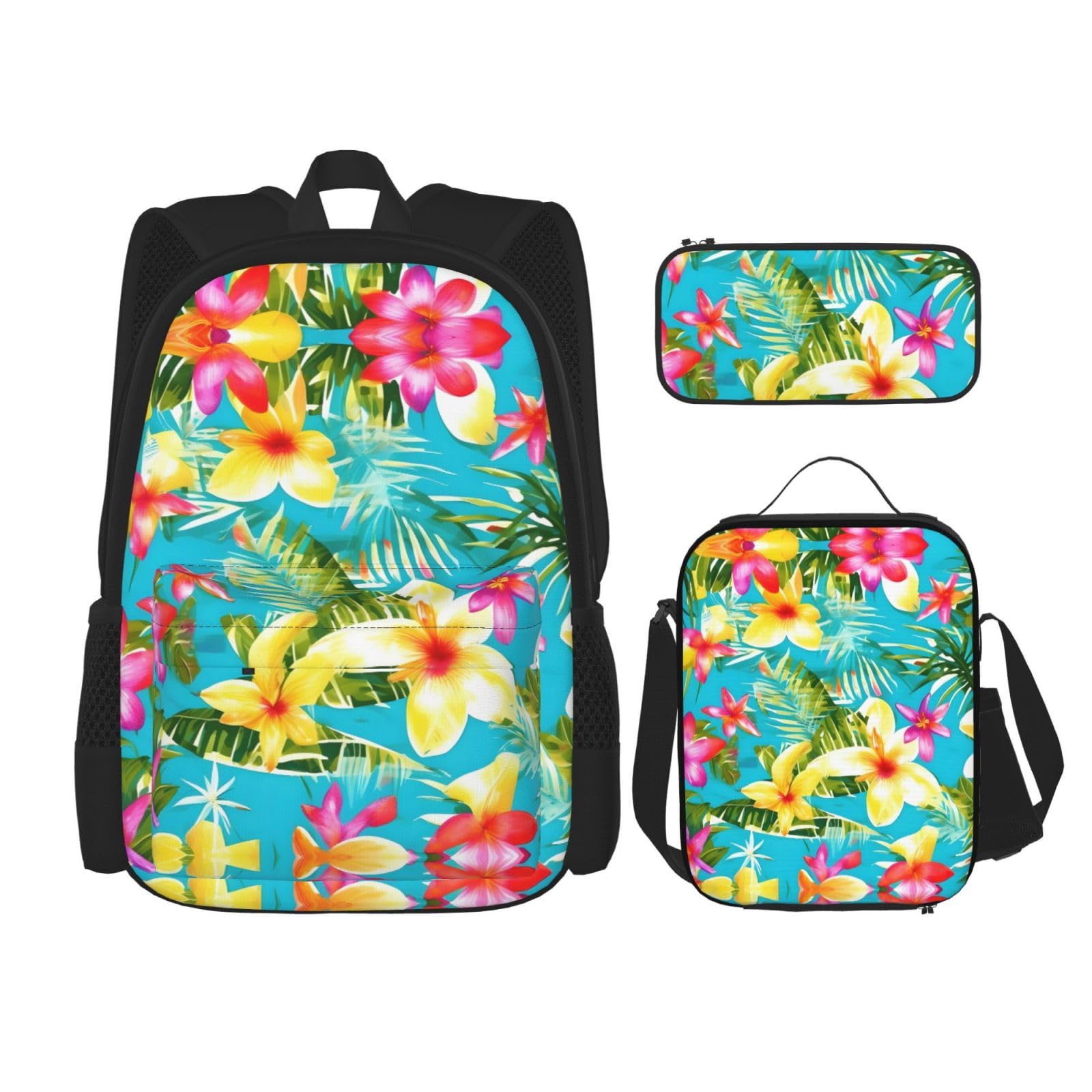 WURTON Summer Style Hawaiian Print Travel Lunch Box Pencil Case Backpack Set 3 Pieces Adjustable Straps Lightweight, Schwarz, Einheitsgröße