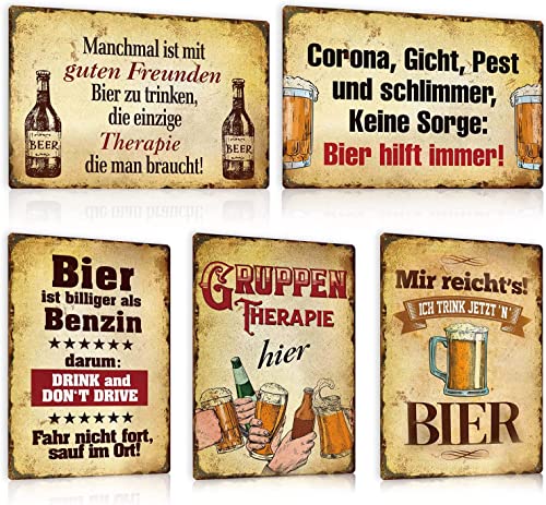 ZDFDC 5er Blechschilder Set Retro Bar Bier - Vintage Beer Metall-schilder mit Lustig Spruch - Bar-Schild Partykeller Theken Deko Geschenk 20x30cm