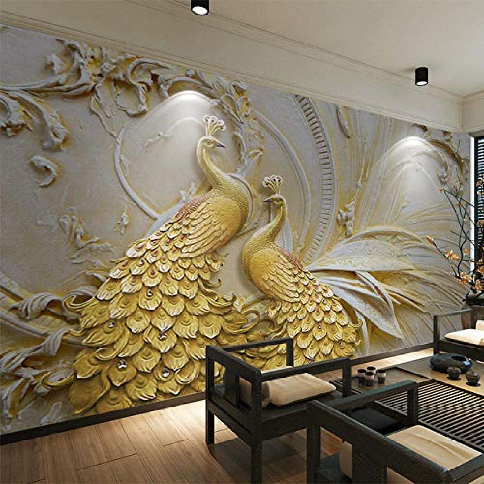 XLMING 3D-Stereo-Relief, goldener Pfau, Wandbild, selbstklebende Wandfarbe, wasserfester Leinwandaufkleber fototapete 3d effekt tapete Wohnzimmer Schlafzimmer Hintergrundbild-200cm×140cm