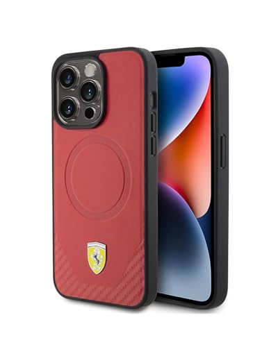 CG MOBILE Ferrari-Handyhülle, kompatibel mit Magsafe iPhone 15 Pro, rote PU-Unterseite, PU-Kohlefaser-Schutzhülle und langlebige Hülle mit einfachem Schnappverschluss, Stoßdämpfung und Signatur-Logo