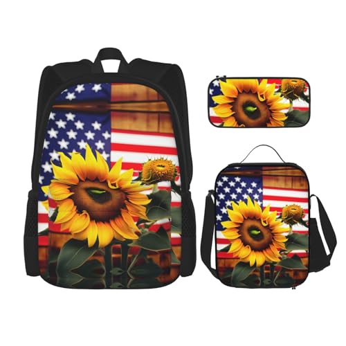 WURTON Lunchbox mit Sonnenblumen- und amerikanischer Flagge, Federmäppchen, Rucksack-Set, 3-teilig, verstellbare Riemen, langlebig, leicht, Schwarz, One Size