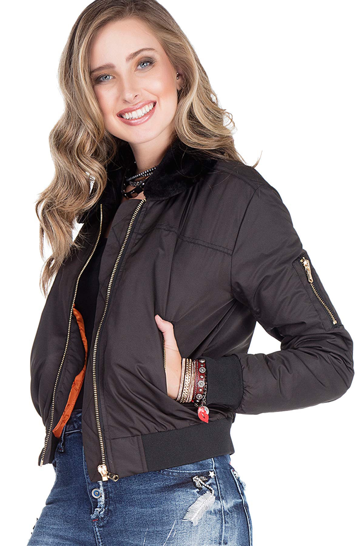 Cipo & Baxx Damen Outdoorjacke Bomberjacke Übergangsjacke Bikerjacke mit Pelzkragen Schwarz M