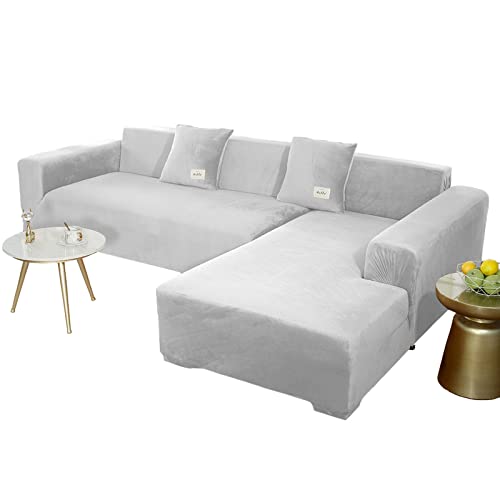 JHLD Sofabezug L Form, Stretch Sofabezug Samt L-förmiger Sofabezug Weiche Anti-rutsch Sofa Überwürfe Für Ecksofa-hellgrau-2 Sitzer+4 Sitzer