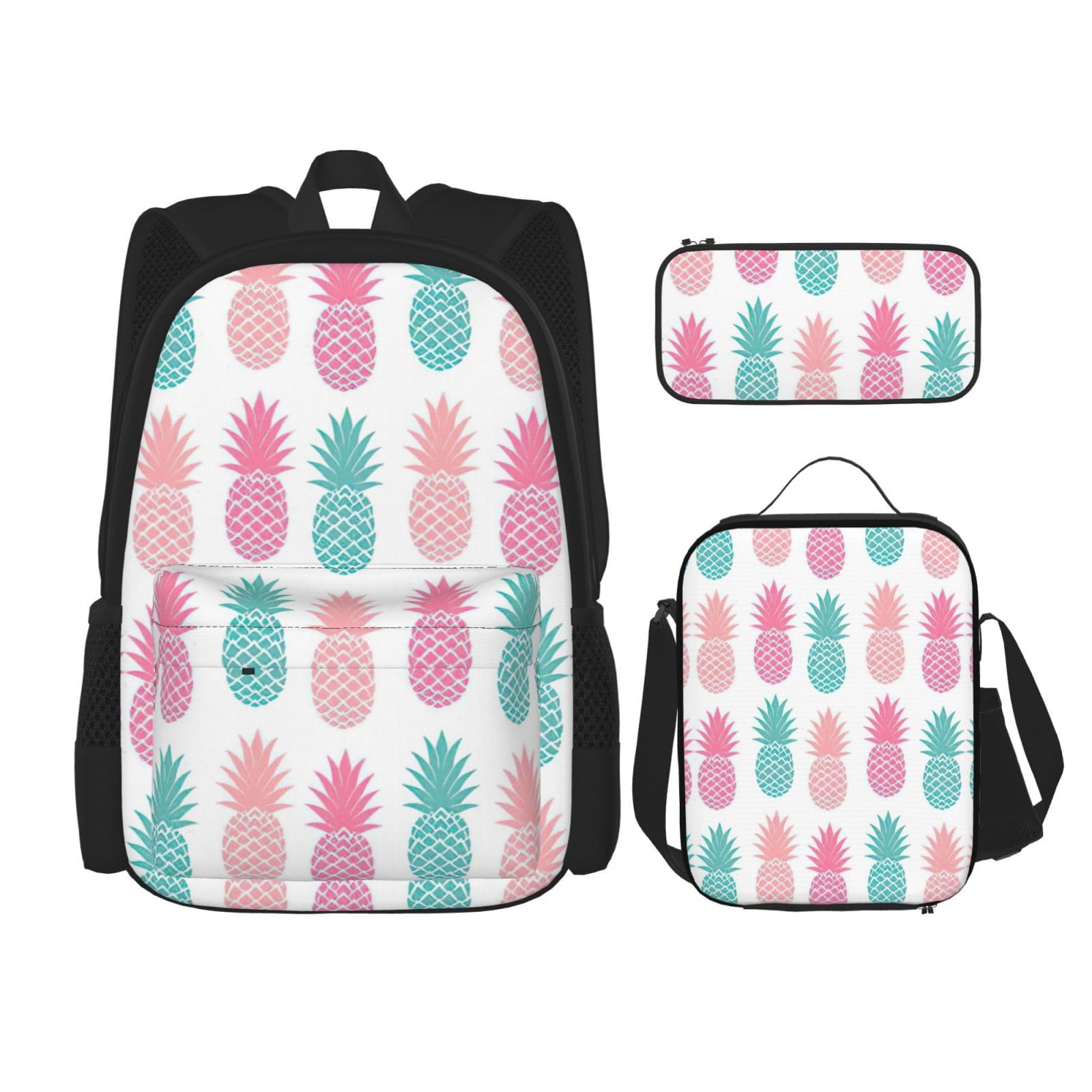 WURTON Farbige Ananas Druck Schule Rucksack 3 In 1 Büchertasche Set Mit Lunch Box Bleistift Fall Reise Laptop Daypacks