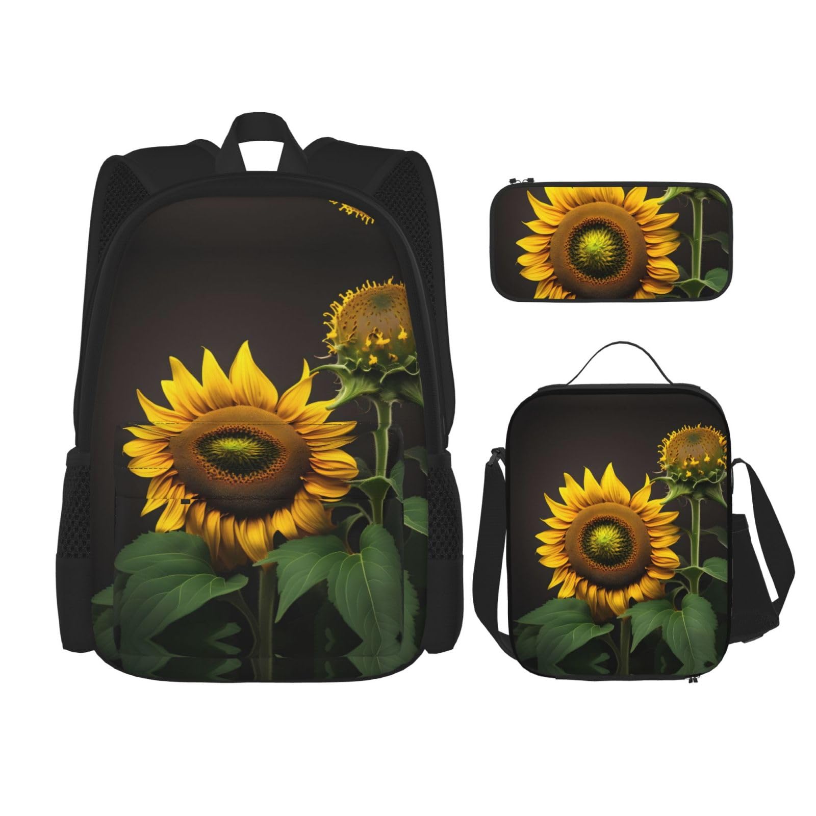 WURTON Sunflowers In The Weeds Print Lunch Box Pencil Case Backpack Set 3 Pieces Adjustable Straps Durable Lightweight, Schwarz, One Size