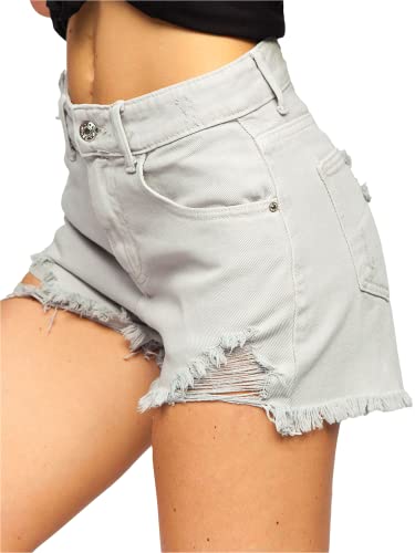 BOLF Damen Kurze Denim Shorts High Waist Zerrissenes Ripped Jeansshorts Bermuda Sommer Hotpants Distressed Freizeit Stretch Relaxed A63 Grau M [G7G]