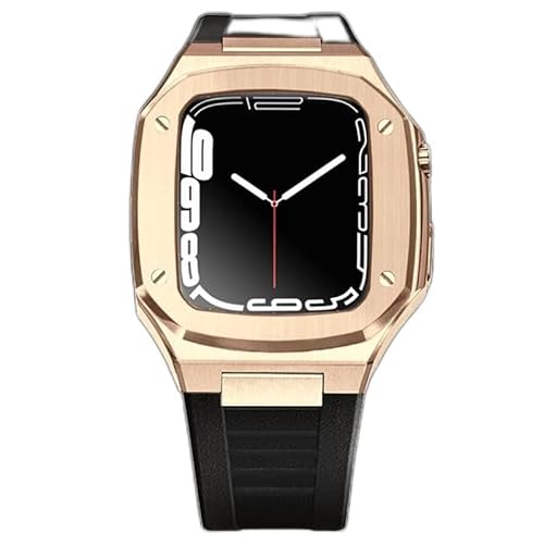 KANUZ Luxuriöses Metallarmband und Gehäuse-Modifikationsset für Apple Watch, 41 mm, 44 mm, DIY-Stahl, iWatch Serie 7, SE, 6, 5, 4, Mod-Set, 45 mm (Farbe: Schwarz, Roségold, U, Größe: 45 mm)