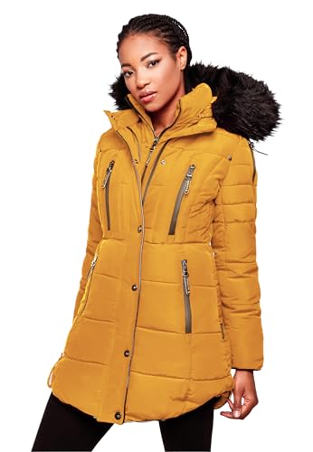 Marikoo warme Damen Winter Jacke Winterjacke Parka Stepp Mantel lang B401 [B401-Moonshine-Gelb-Gr.XS]