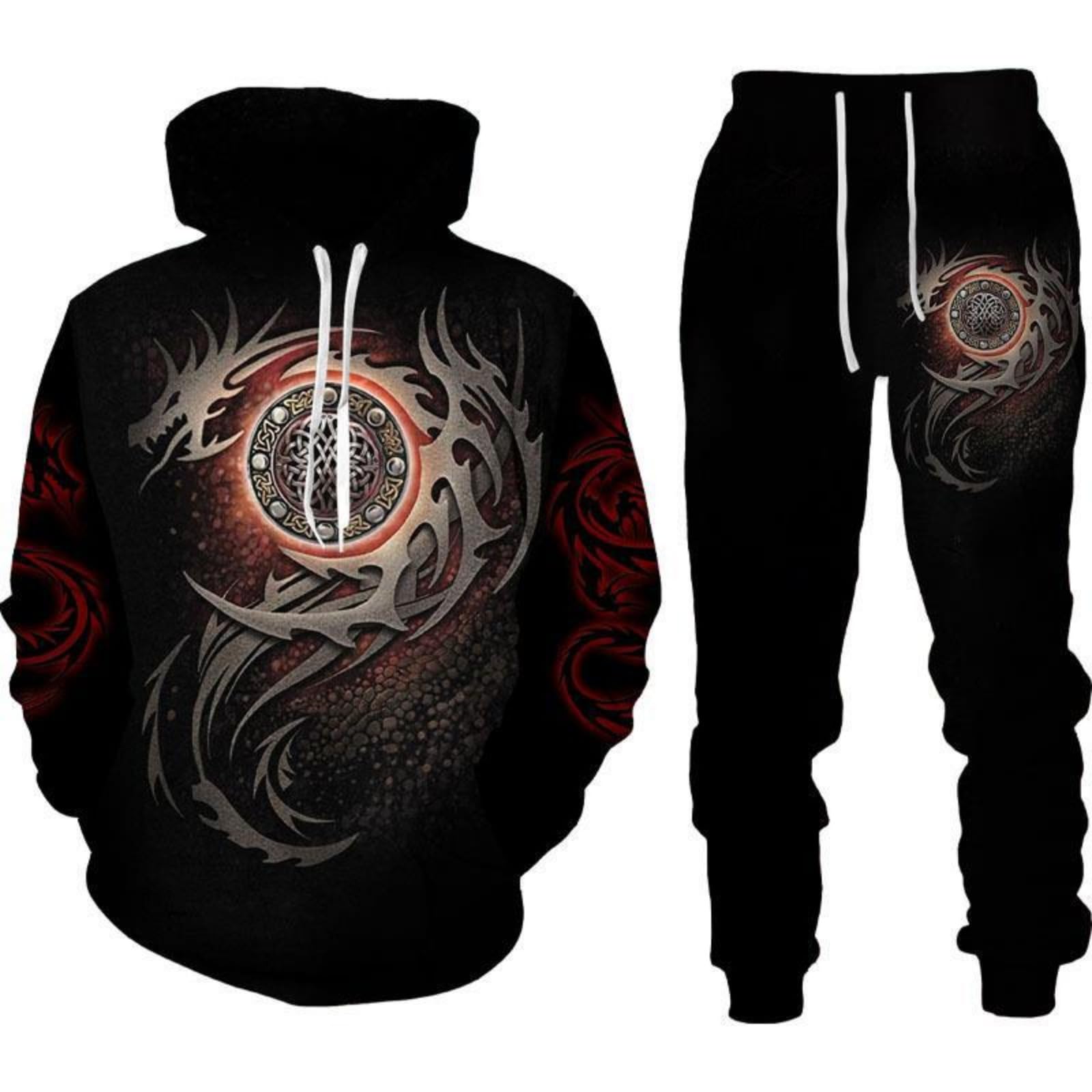 RIAAJ Männer Chinesischer Drache Hoodie 3D Gedruckt Lose Pullover Chinesischer Drache Sport Shirt Jogging Anzug Sport Set (F10,L)