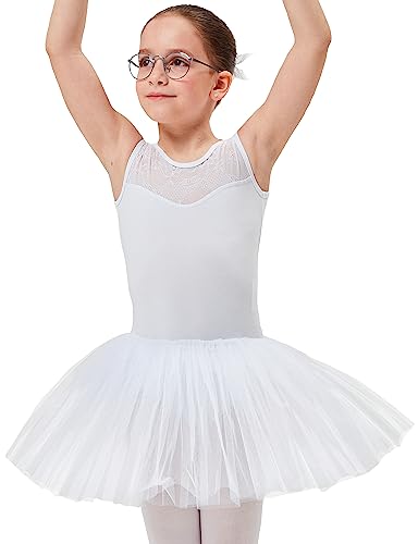 tanzmuster Kinder Ballett Tutu Lottie aus weicher Baumwolle mit Breiten Trägern und Spitzeneinsatz vorn in weiß, Größe:152/158