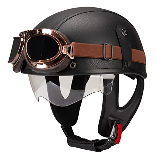 Retro Motorradhelm Leder Halbhelme Halbschalenhelm Jethelm ECE/DOT Zertifiziert Open Face Helm Rollerhelm Mopedhelm Cruiser Chopper Helm Anti-Collision Helmet Scooter-Helm (XL =（61〜62CM）, I)