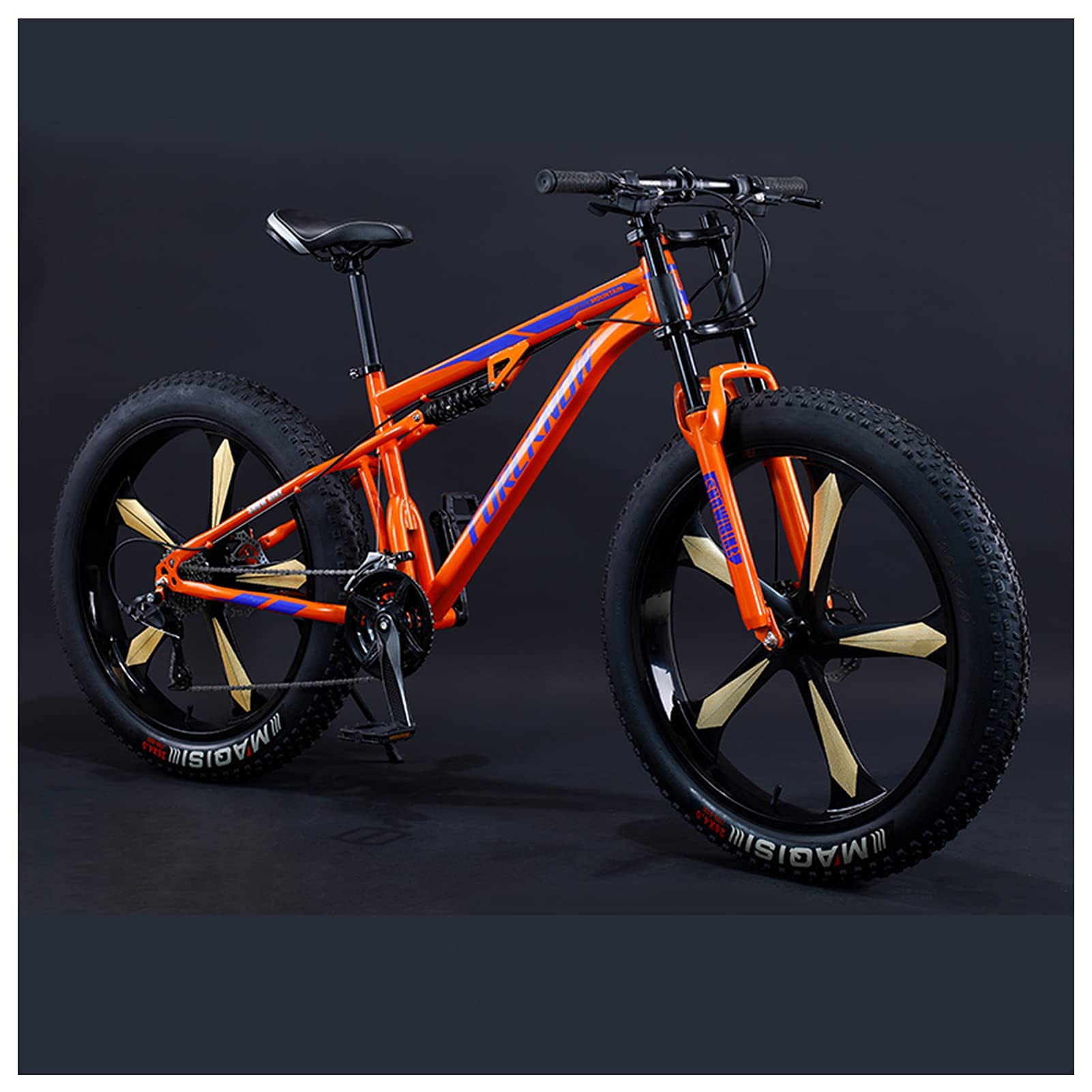 REOTEL 26 Zoll Mountainbike Herren Damen Mountainbike Fatbike, 7/21/24/27/30 Gang-Schaltung Erwachsene Fette Reifen Fahrrad, Rahmen Kohlenstoffstahl Vollfederung Bike,Orange 5 Spoke,30 Speed