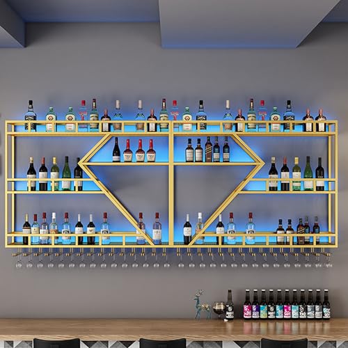 HSJFS Weinregal Wandmontage Bar Regale Mit Hängenden Weinglas Halter Rack Und Led Licht Liquor Flasche Display Regal Schwebende Bar Regale Whiskey Regal Küche Wandschrank Für Home Bar Cesszimmer (/D-B