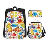 WURTON Cartoon-Fisch-Druck, trendige Rucksack-Taschen, Lunchbox und Federmäppchen, 3-in-1, verstellbares Rucksack-Set, Schwarz , Einheitsgröße