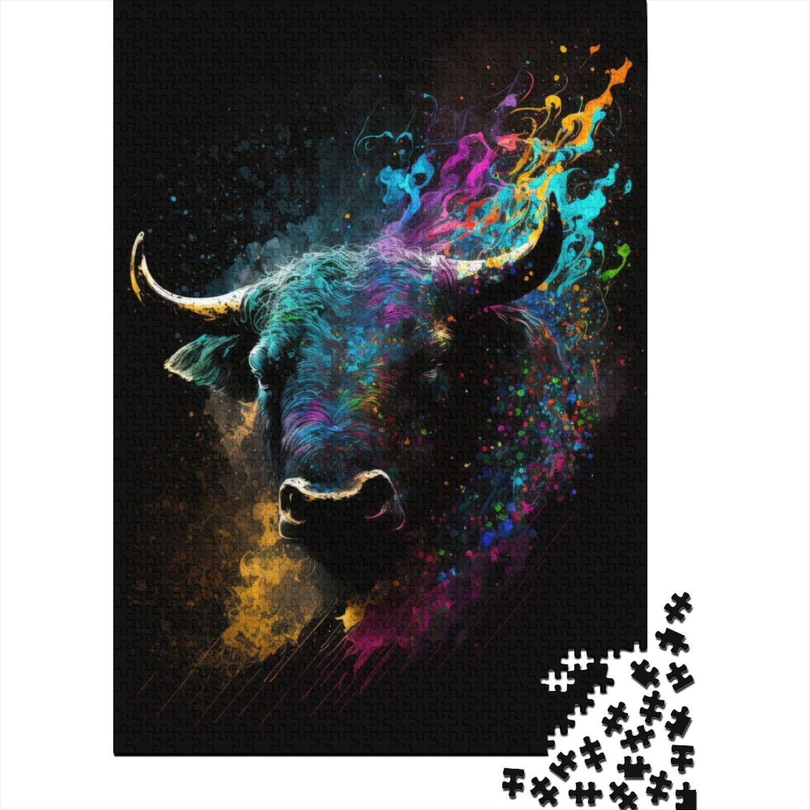 Puzzle mit 1000 großen Teilen für Erwachsene, Paintsplash Bull, Puzzles für Erwachsene und Jugendliche, Puzzles für Erwachsene, Lernspiel, Herausforderungsspielzeug, 75 x 50 cm