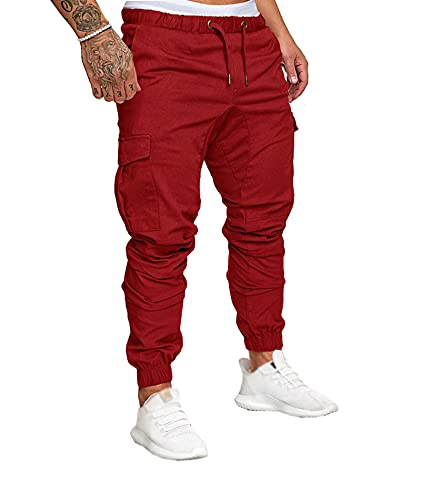 SOMTHRON Herren Elastische Taille Gürtel Baumwolle Jogging Sweat Hosen Plus Size Mode Lange Sports Cargo Hosen Shorts mit Taschen Joggers Activewear Hosen, 4XL, Weinrot