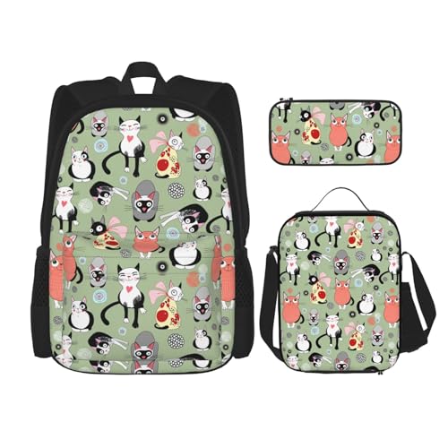 WURTON Niedliches Cartoon-Katzen-Druck, 3-in-1-Sets, lässig, verstellbar, Schulter-Rucksack, Lunch-Tasche, Federmäppchen, Beutel, Schwarz, Einheitsgröße