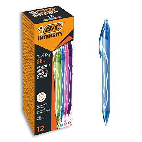 BIC 964826 Gel-ocity Quick Dry Tintenroller, 12 Gelstifte in 4 verschiedenen Farben, Strichstärke Medium, mit gummierter Griff-Fläche