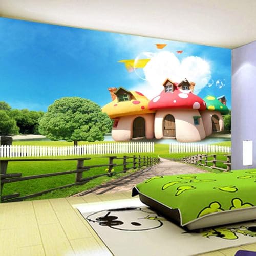 Cartoon Pilz Haus Liebe Herz Weiße Wolke Grüne Wiese Wald 3D Tapete Poster Restaurant Schlafzimmer Wohnzimmer Sofa TV Dekorative Wand-350cm×256cm