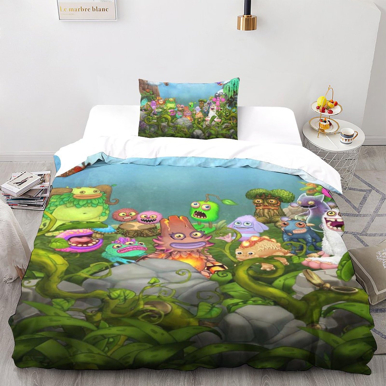 My Singing Monsters 3-teilige Kuschelige Bettwäsche-Sets Mit Spielfiguren 3D-Motiven - Duvet-Cover-Sets Aus Mikrofaser Mit Verstecktem Reißverschluss Und Passenden Kissenbezügen Single（135x200cm）