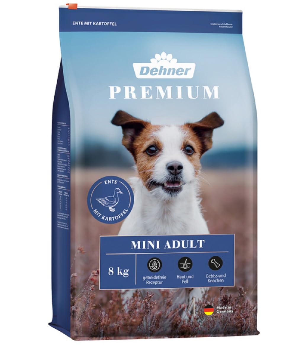 Dehner Premium Hundefutter, Trockenfutter getreidefrei, für ausgewachsene Hunde kleiner Rassen, Ente / Lamm / Kartoffel, 8 kg