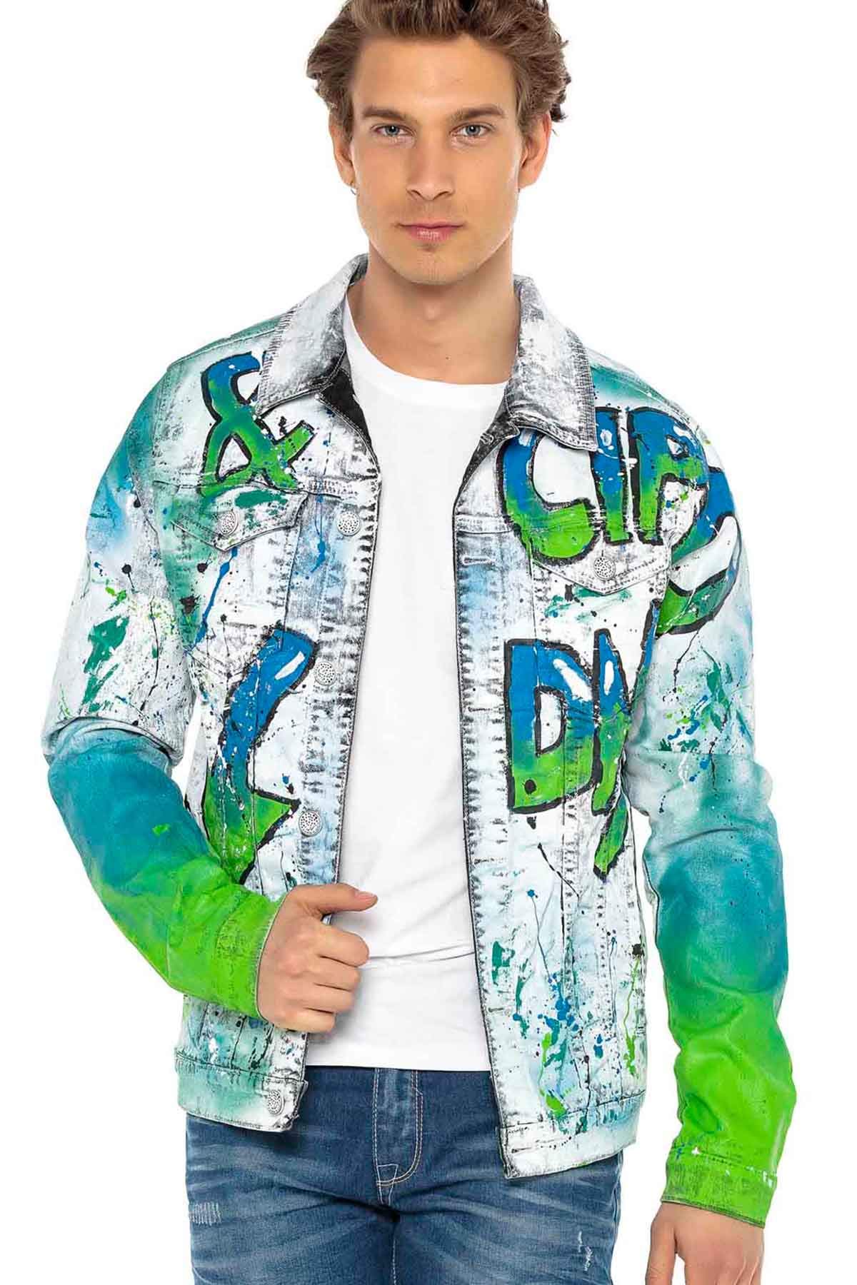 Cipo & Baxx Herren Jeansjacke Ausgefallen Farbig Schrift Neonfarbe Übergangsjacke Freizeit Jacke Grün-Blau L