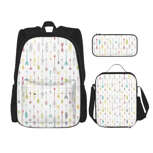 WURTON Bunte handgezeichnete Kunst mit Boho-Stil Pfeil-Druck, Schulterrucksack, 3-in-1-Büchertaschen-Set, Lunchbox, Federmäppchen, Reise-Laptop-Tagesrucksäcke