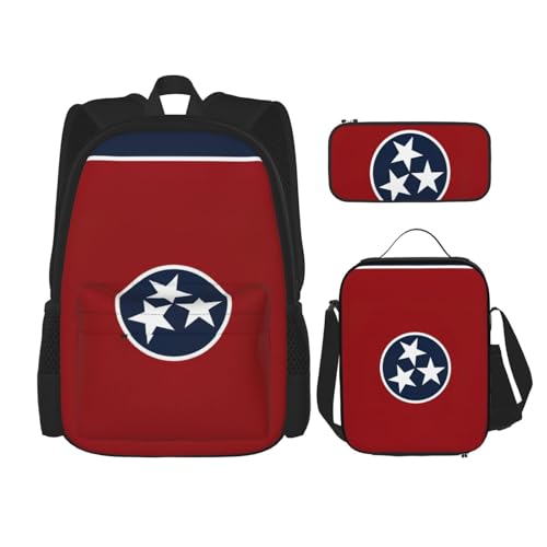 WURTON Tennessee Staatsflagge Druck Reise Lunchbox Federmäppchen Rucksack Set 3 Stück Verstellbare Träger Leicht, Schwarz, Einheitsgröße