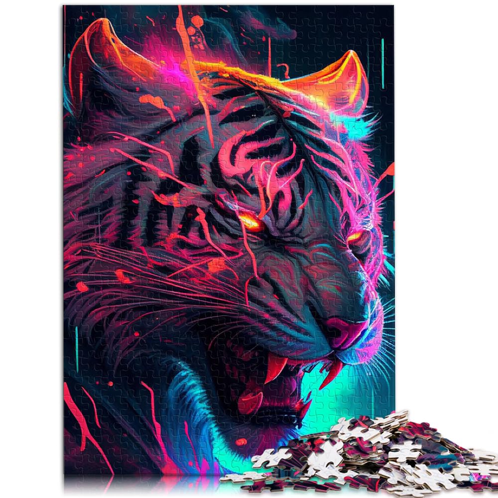 Puzzle zum Verschenken, Synthwave Tiger-Puzzle 1000 Teile für Erwachsene, Holzpuzzle mit vollständig ineinander greifenden und zufällig geformten Teilen, 1000 Stück (50 x 75 cm)