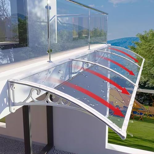 Modernes Vordach für Haustür,Vordach für Eingangstür Schutz Gegen Regen und UV-Strahlen,Türvordach Pultbogenvordach aus Polycarbonat,mit Halterung in Schwarz/Weiß/Grau/Gold (60x440cm/24 x173,White)