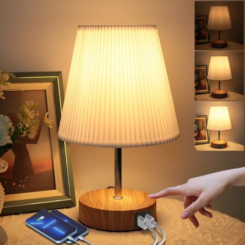 Nachttischlampe Touch Dimmbar: Tischlampe mit 2 USB Schnellladeanschlüssen Touch dimmbare Glühbirne 3 Helligkeitsstufen Einstellbar Schreibtischlampe minimalistische für Lesen Wohnzimme