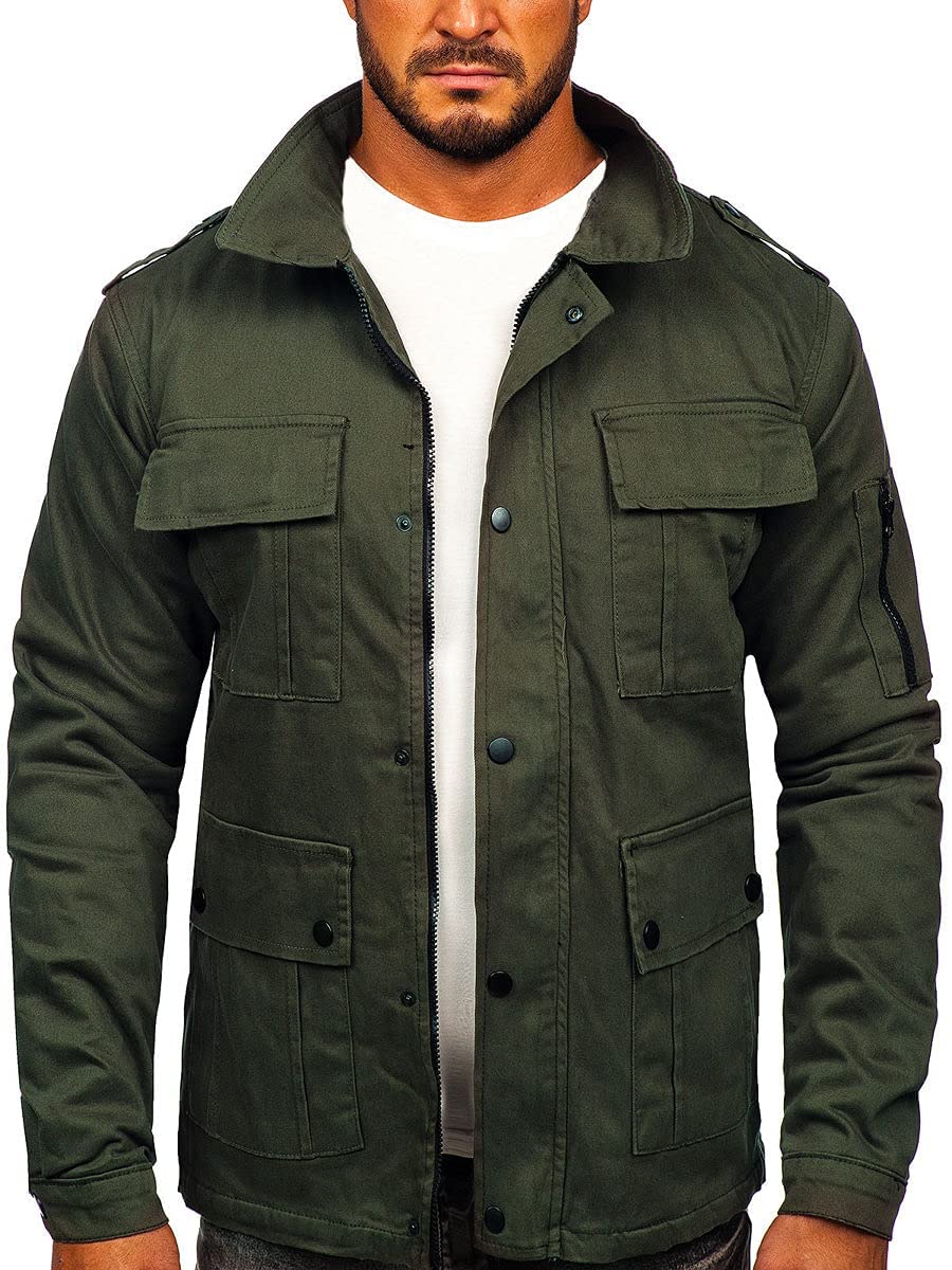 BOLF Herren Übergangsjacke Militär Jacke Fracht Jacke Feldjacke Windbreaker Herbstjacke Baumwolle Jacke Stehkragen Cargo Taschen Military Style 10290 Khaki L [4D4]